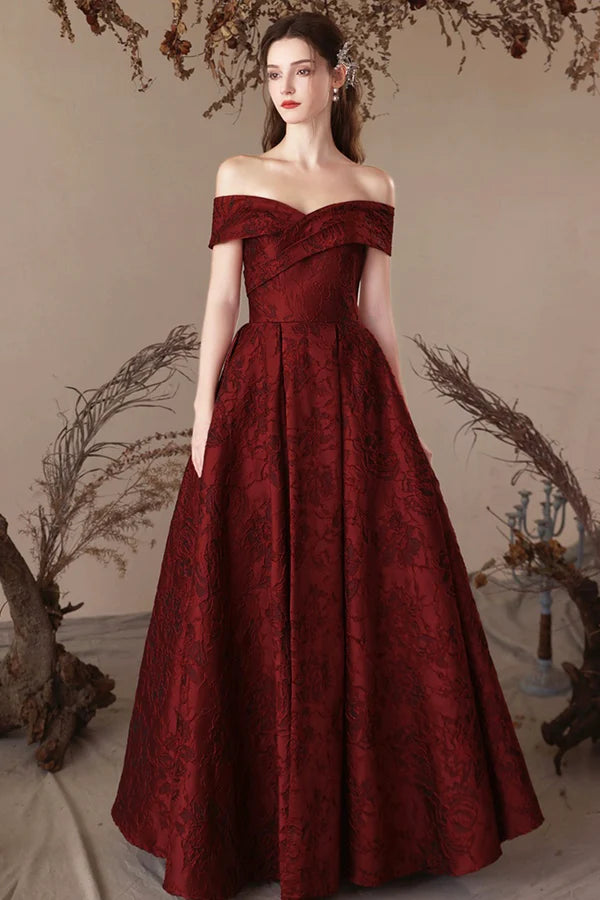 Wholesale Burgundy Satin Long Prom Dress Beautiful A-Line Off the Shoulder Evening Party Dress